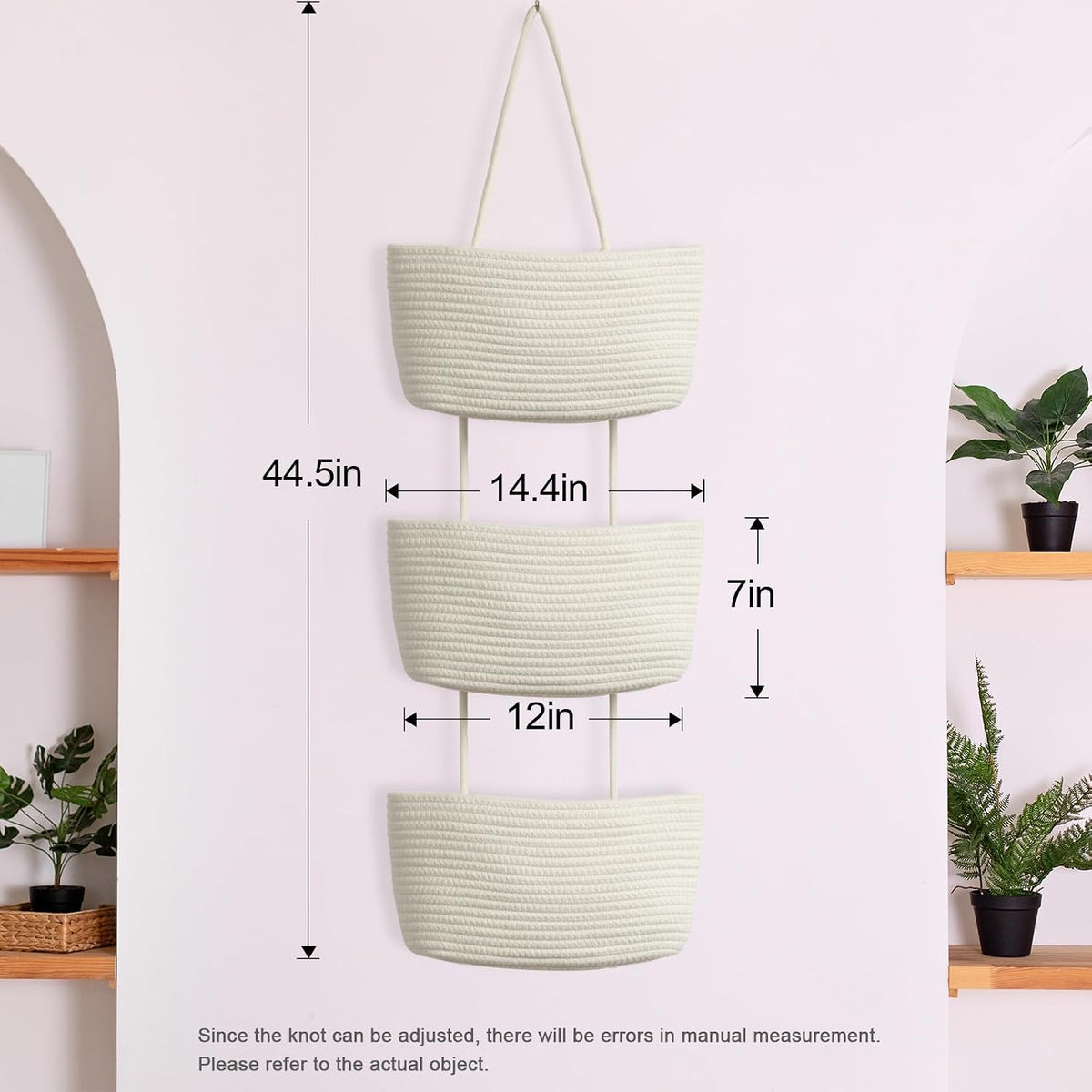 Over the Door Hanging Basket, 3-Tier Woven Cotton Wall-Mounted Storage Organizer Bag Decorative Hanging Nursery Baskets, Jute