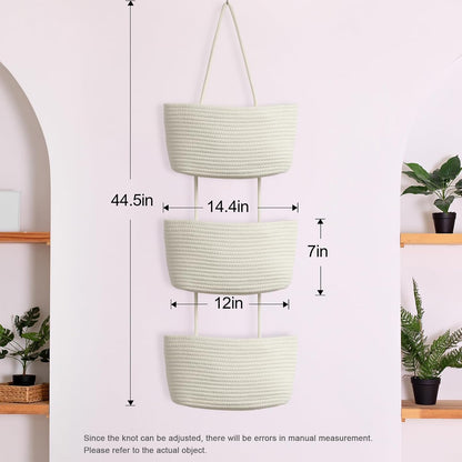 Over the Door Hanging Basket, 3-Tier Woven Cotton Wall-Mounted Storage Organizer Bag Decorative Hanging Nursery Baskets, Jute