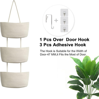 Over the Door Hanging Basket, 3-Tier Woven Cotton Wall-Mounted Storage Organizer Bag Decorative Hanging Nursery Baskets, Jute