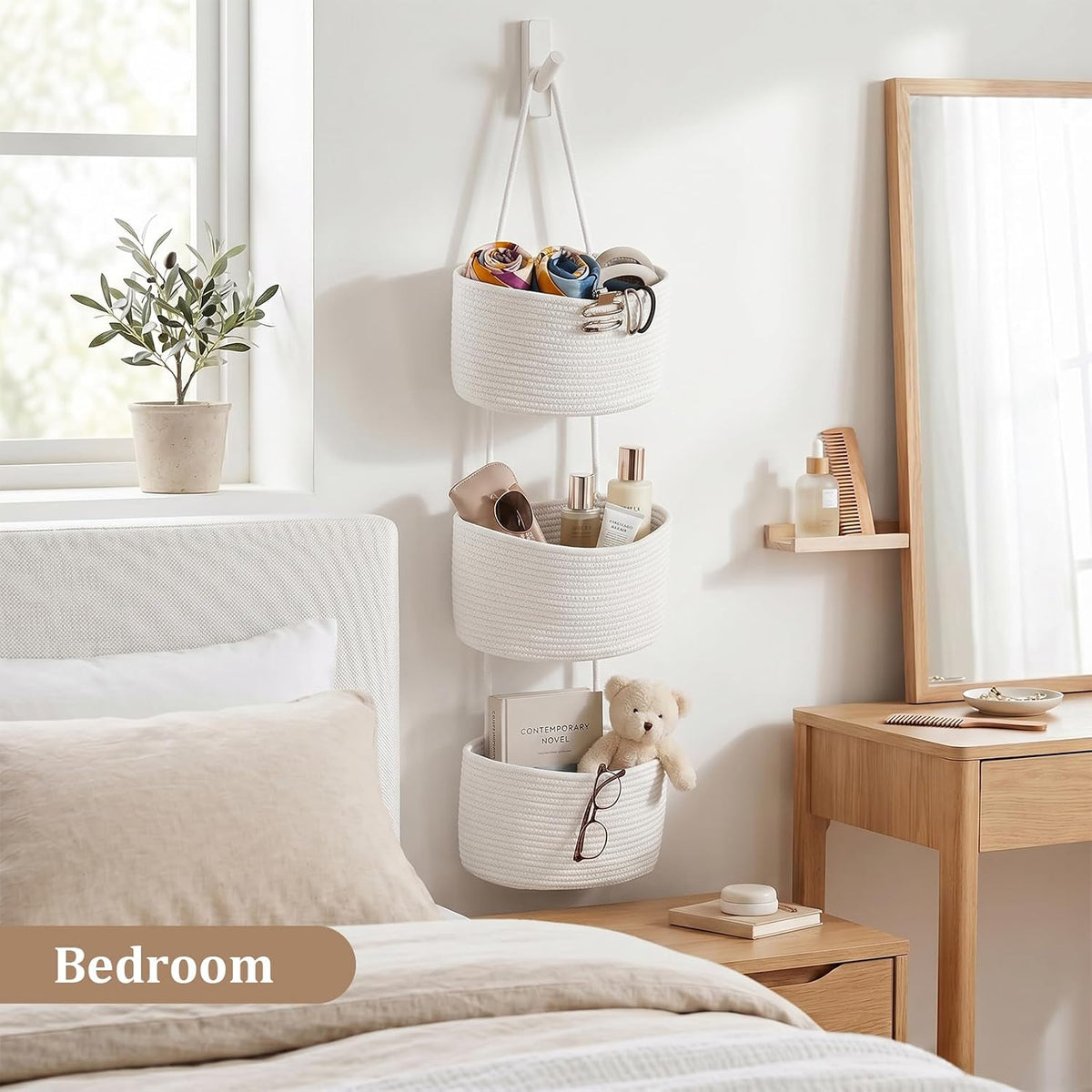 Over the Door Hanging Basket, 3-Tier Woven Cotton Wall-Mounted Storage Organizer Bag Decorative Hanging Nursery Baskets, Jute
