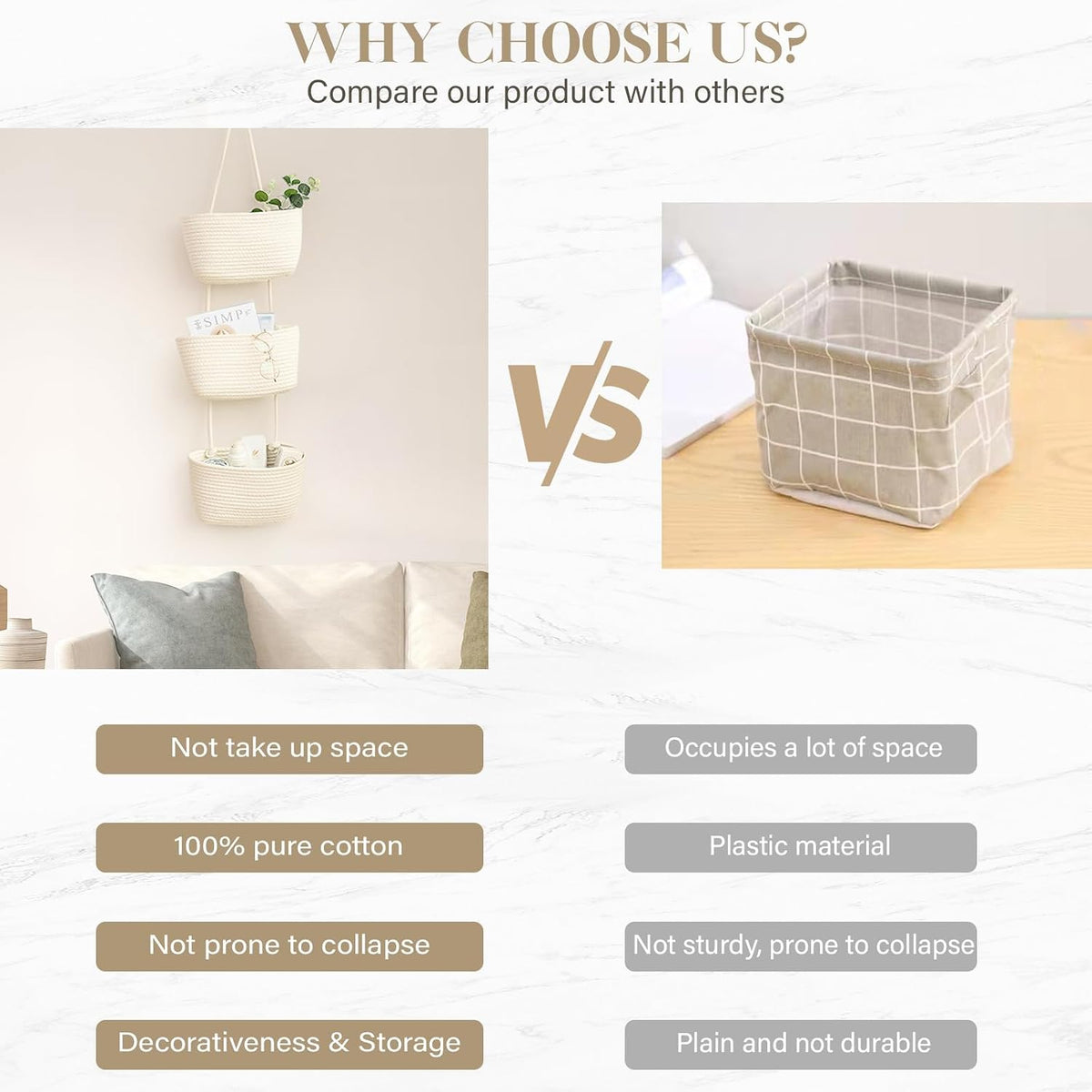 Over the Door Hanging Basket, 3-Tier Woven Cotton Wall-Mounted Storage Organizer Bag Decorative Hanging Nursery Baskets, Jute