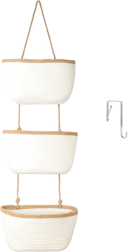 Over the Door Hanging Basket, 3-Tier Woven Cotton Wall-Mounted Storage Organizer Bag Decorative Hanging Nursery Baskets, Jute