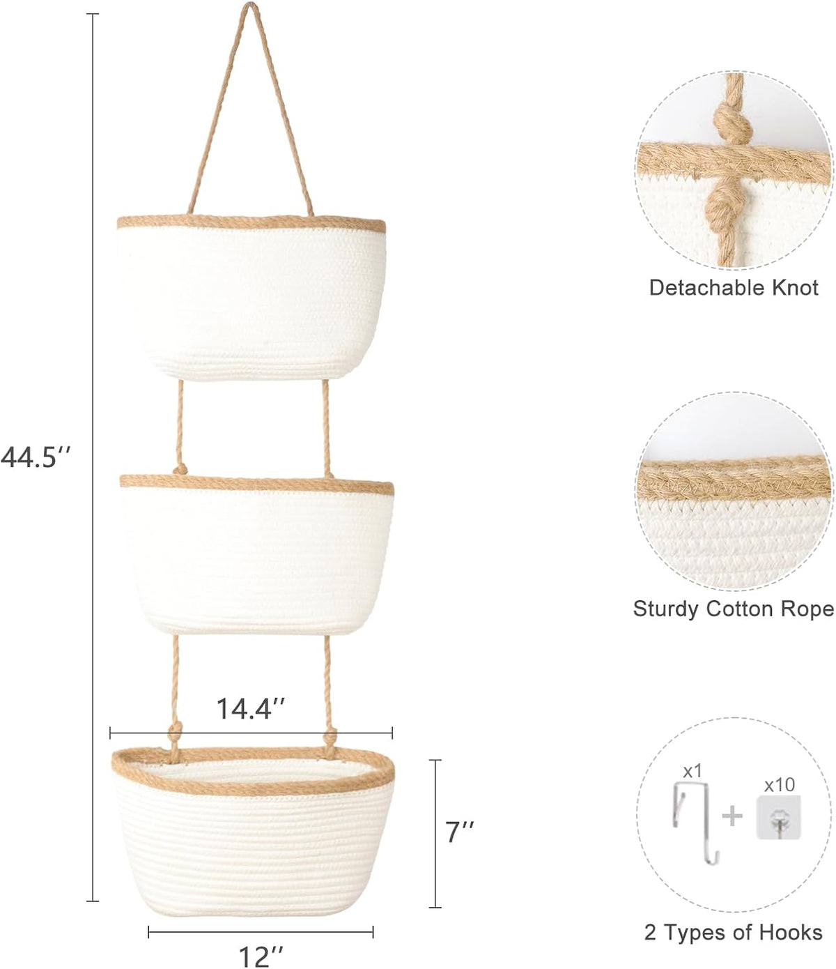 Over the Door Hanging Basket, 3-Tier Woven Cotton Wall-Mounted Storage Organizer Bag Decorative Hanging Nursery Baskets, Jute