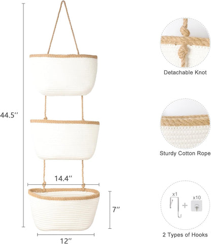 Over the Door Hanging Basket, 3-Tier Woven Cotton Wall-Mounted Storage Organizer Bag Decorative Hanging Nursery Baskets, Jute