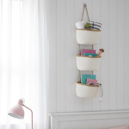 Over the Door Hanging Basket, 3-Tier Woven Cotton Wall-Mounted Storage Organizer Bag Decorative Hanging Nursery Baskets, Jute