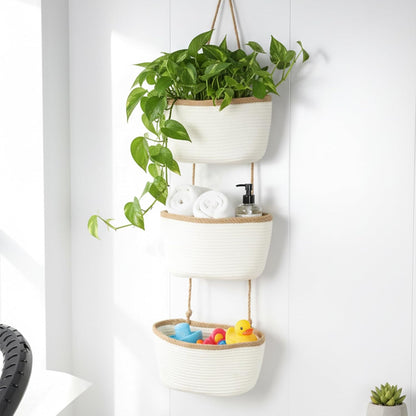 Over the Door Hanging Basket, 3-Tier Woven Cotton Wall-Mounted Storage Organizer Bag Decorative Hanging Nursery Baskets, Jute