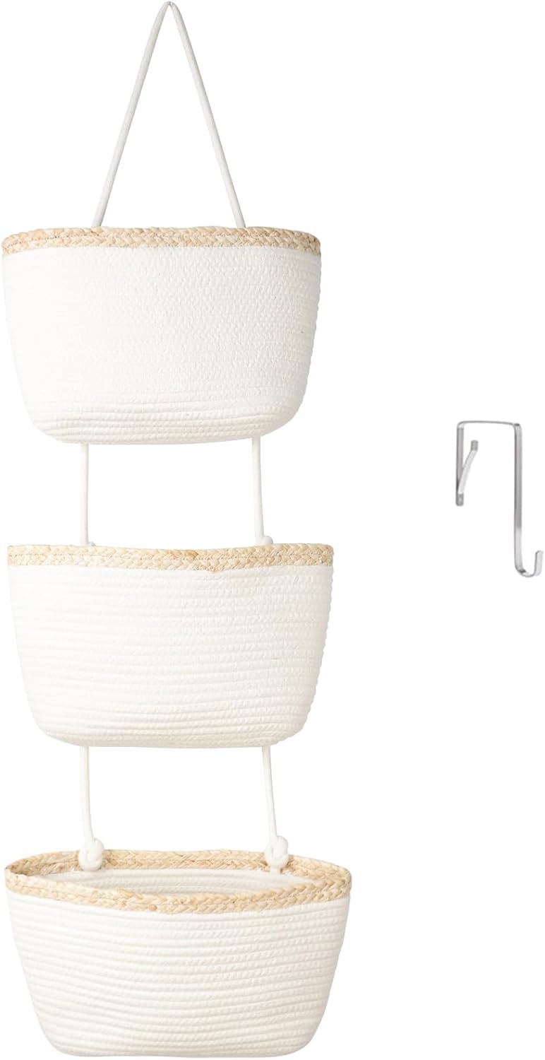 Over the Door Hanging Basket, 3-Tier Woven Cotton Wall-Mounted Storage Organizer Bag Decorative Hanging Nursery Baskets, Jute