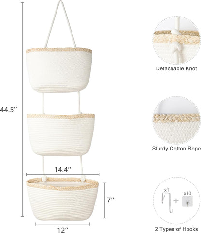 Over the Door Hanging Basket, 3-Tier Woven Cotton Wall-Mounted Storage Organizer Bag Decorative Hanging Nursery Baskets, Jute