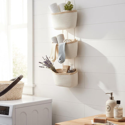 Over the Door Hanging Basket, 3-Tier Woven Cotton Wall-Mounted Storage Organizer Bag Decorative Hanging Nursery Baskets, Jute