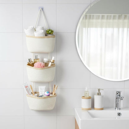 Over the Door Hanging Basket, 3-Tier Woven Cotton Wall-Mounted Storage Organizer Bag Decorative Hanging Nursery Baskets, Jute