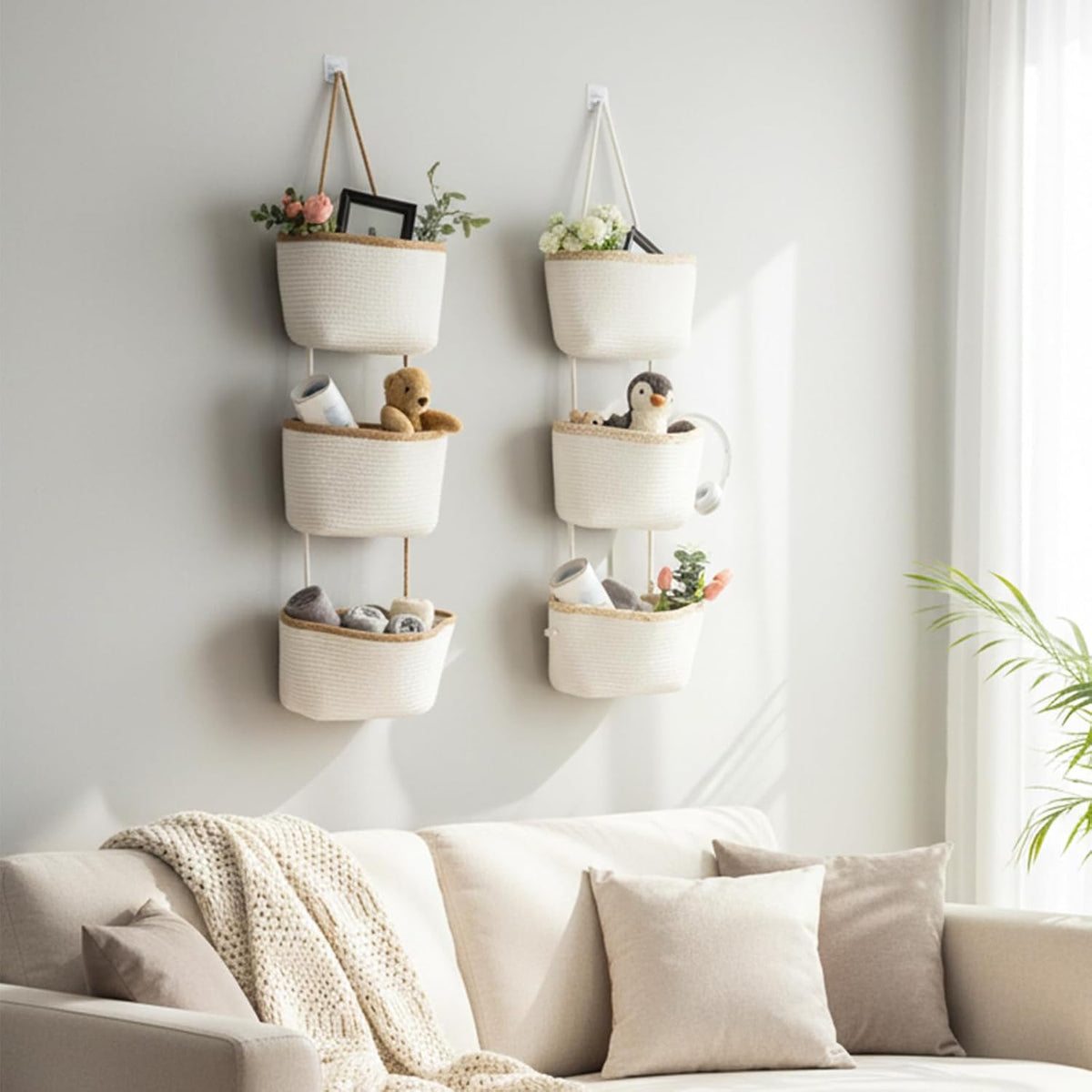 Over the Door Hanging Basket, 3-Tier Woven Cotton Wall-Mounted Storage Organizer Bag Decorative Hanging Nursery Baskets, Jute
