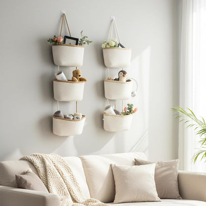 Over the Door Hanging Basket, 3-Tier Woven Cotton Wall-Mounted Storage Organizer Bag Decorative Hanging Nursery Baskets, Jute
