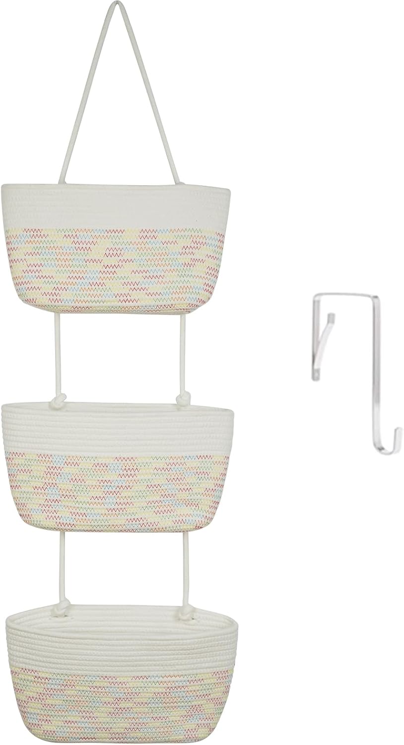 Over the Door Hanging Basket, 3-Tier Woven Cotton Wall-Mounted Storage Organizer Bag Decorative Hanging Nursery Baskets, Jute