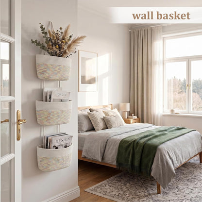 Over the Door Hanging Basket, 3-Tier Woven Cotton Wall-Mounted Storage Organizer Bag Decorative Hanging Nursery Baskets, Jute