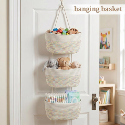 Over the Door Hanging Basket, 3-Tier Woven Cotton Wall-Mounted Storage Organizer Bag Decorative Hanging Nursery Baskets, Jute