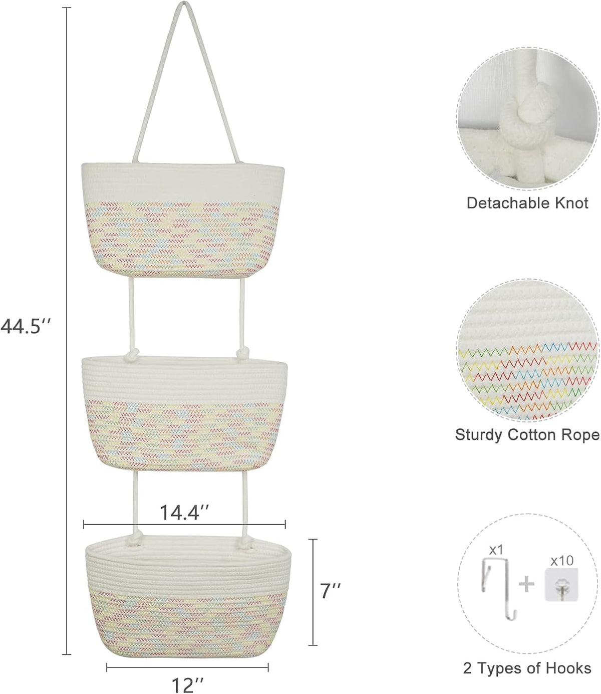 Over the Door Hanging Basket, 3-Tier Woven Cotton Wall-Mounted Storage Organizer Bag Decorative Hanging Nursery Baskets, Jute