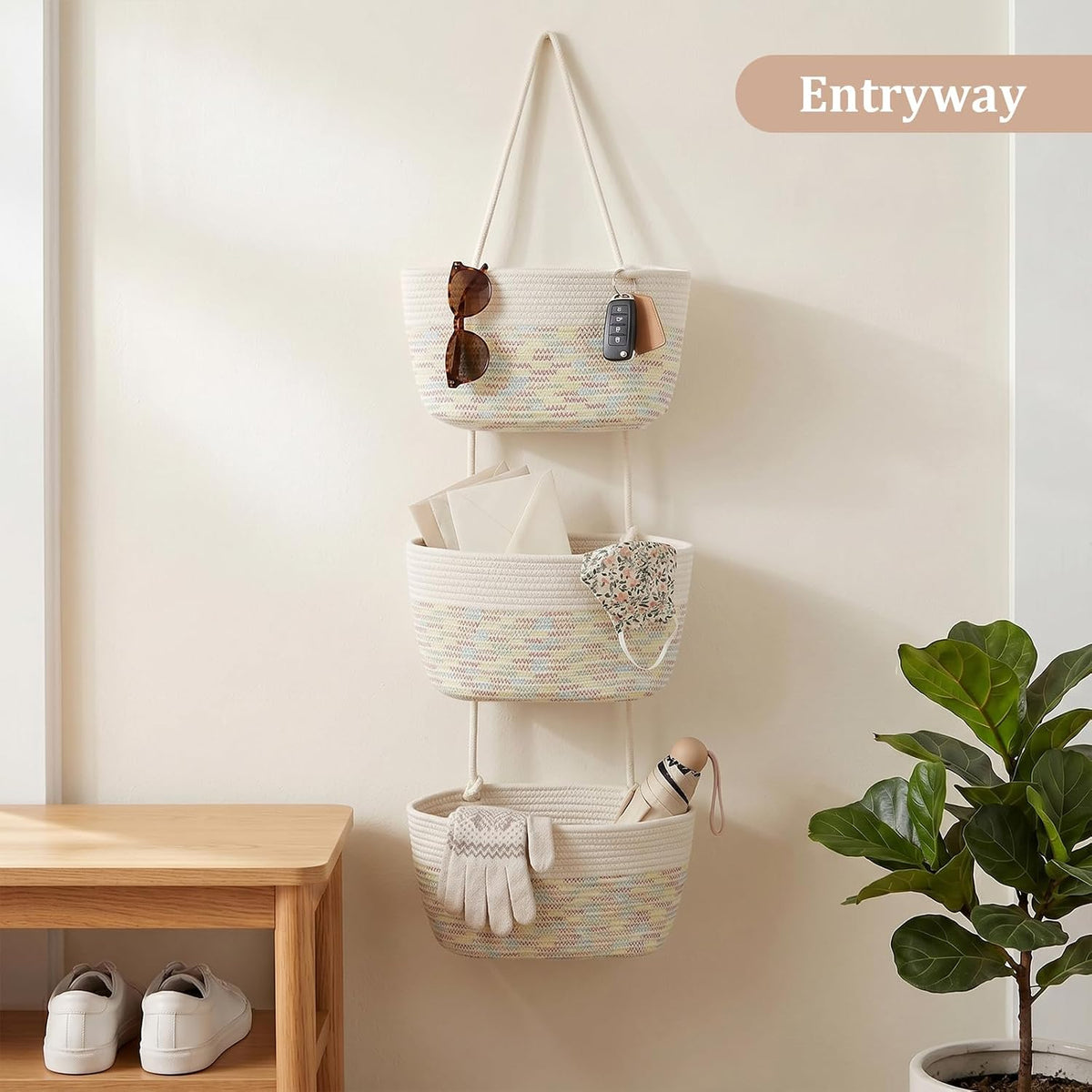 Over the Door Hanging Basket, 3-Tier Woven Cotton Wall-Mounted Storage Organizer Bag Decorative Hanging Nursery Baskets, Jute