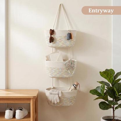Over the Door Hanging Basket, 3-Tier Woven Cotton Wall-Mounted Storage Organizer Bag Decorative Hanging Nursery Baskets, Jute