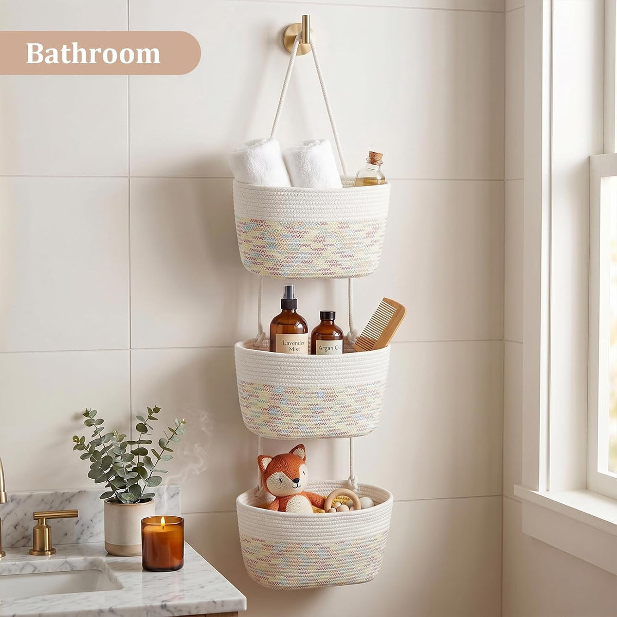 Over the Door Hanging Basket, 3-Tier Woven Cotton Wall-Mounted Storage Organizer Bag Decorative Hanging Nursery Baskets, Jute