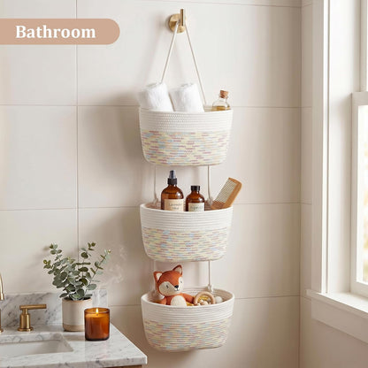 Over the Door Hanging Basket, 3-Tier Woven Cotton Wall-Mounted Storage Organizer Bag Decorative Hanging Nursery Baskets, Jute