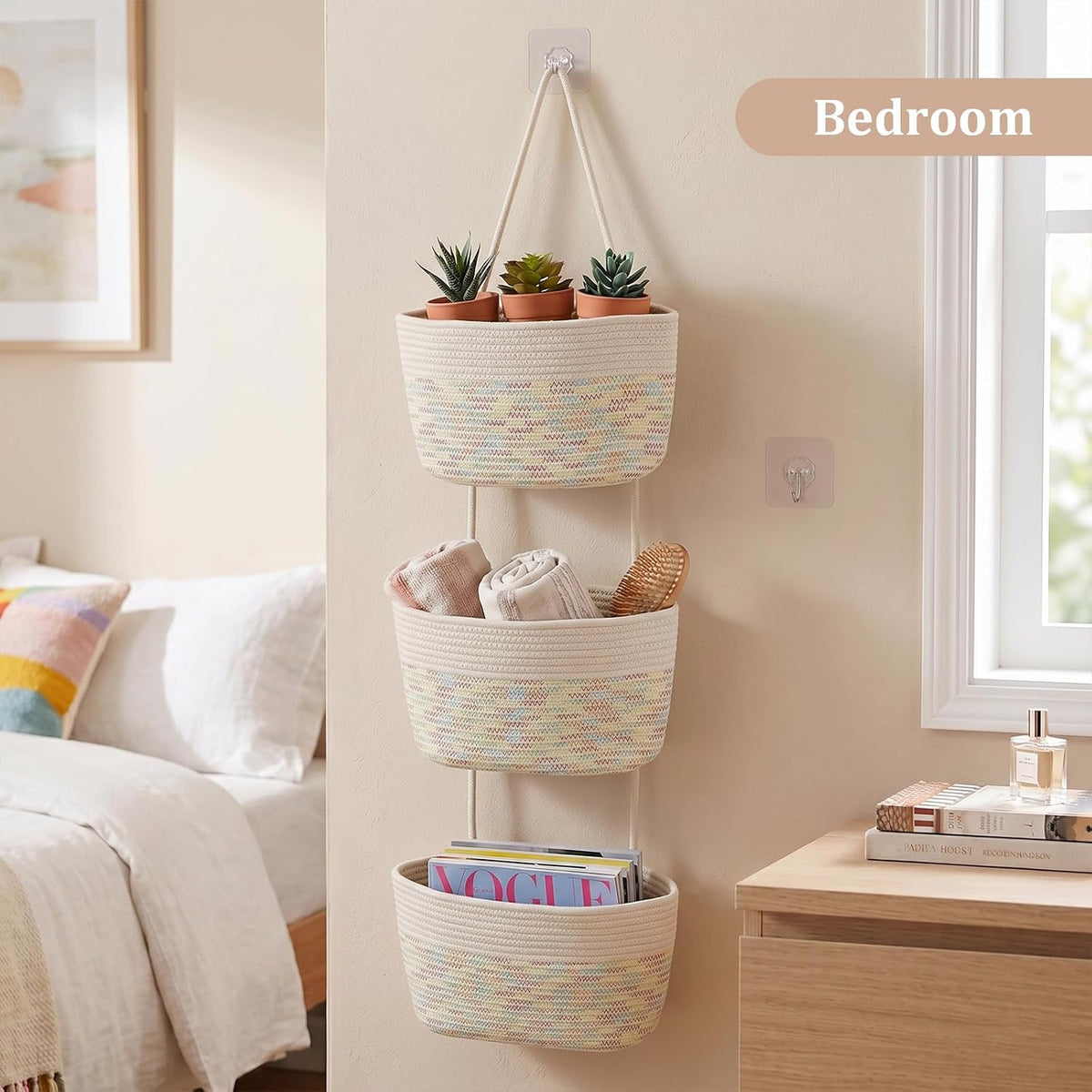 Over the Door Hanging Basket, 3-Tier Woven Cotton Wall-Mounted Storage Organizer Bag Decorative Hanging Nursery Baskets, Jute