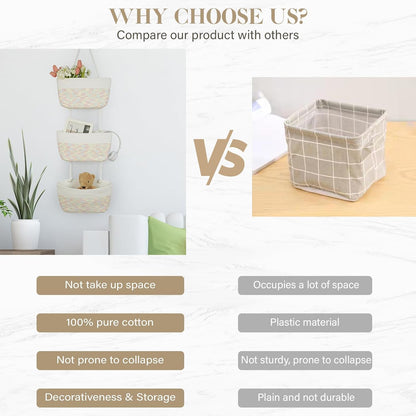 Over the Door Hanging Basket, 3-Tier Woven Cotton Wall-Mounted Storage Organizer Bag Decorative Hanging Nursery Baskets, Jute