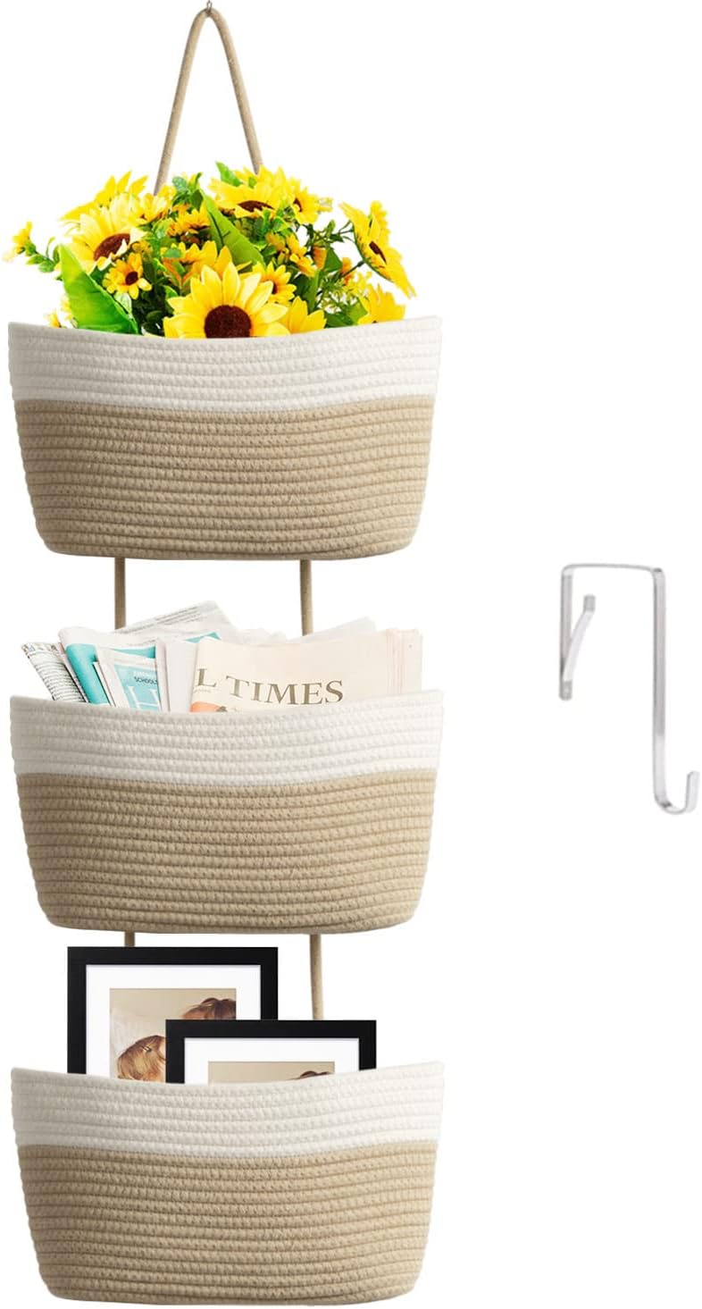 Over the Door Hanging Basket, 3-Tier Woven Cotton Wall-Mounted Storage Organizer Bag Decorative Hanging Nursery Baskets, Jute