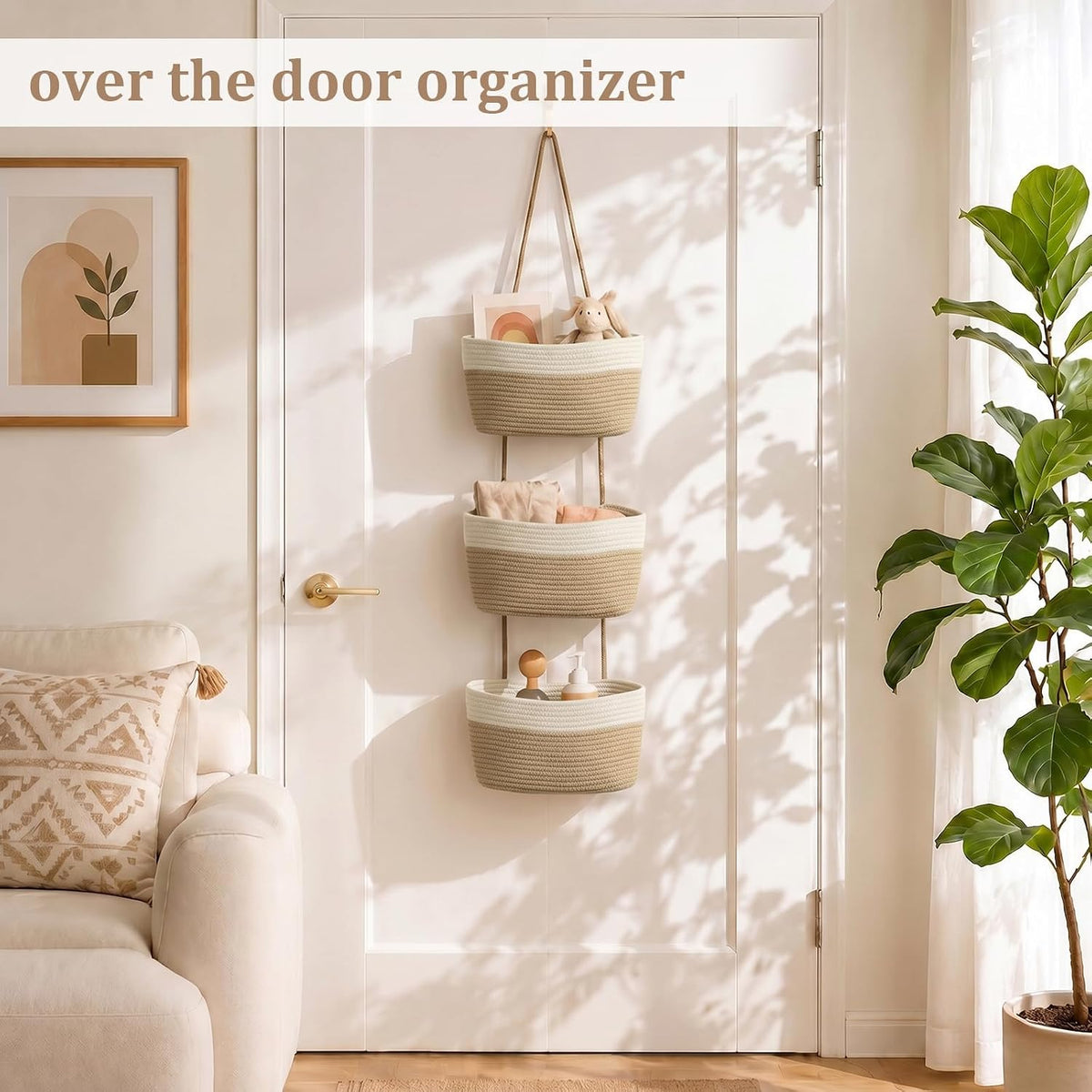 Over the Door Hanging Basket, 3-Tier Woven Cotton Wall-Mounted Storage Organizer Bag Decorative Hanging Nursery Baskets, Jute