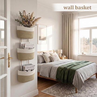Over the Door Hanging Basket, 3-Tier Woven Cotton Wall-Mounted Storage Organizer Bag Decorative Hanging Nursery Baskets, Jute