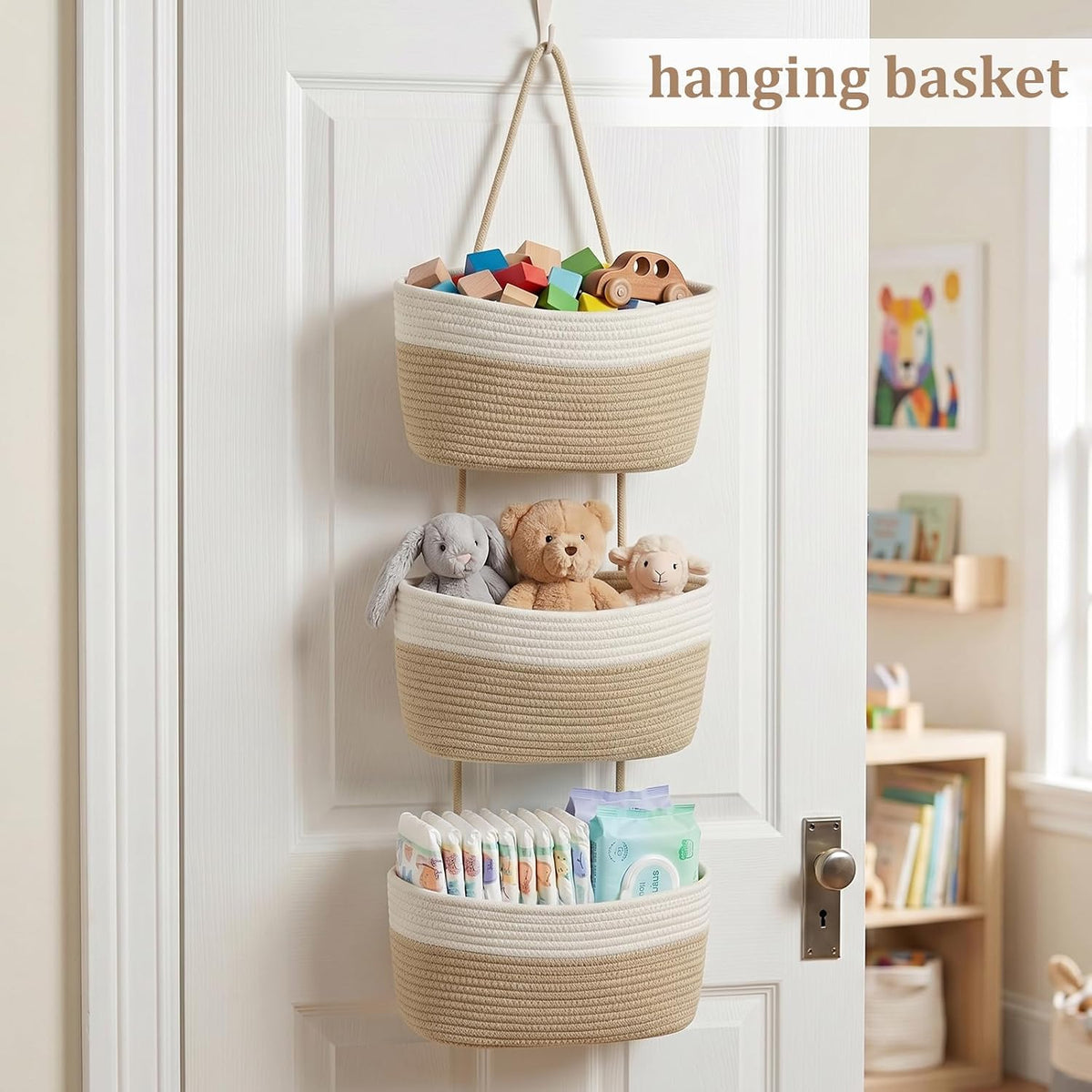 Over the Door Hanging Basket, 3-Tier Woven Cotton Wall-Mounted Storage Organizer Bag Decorative Hanging Nursery Baskets, Jute