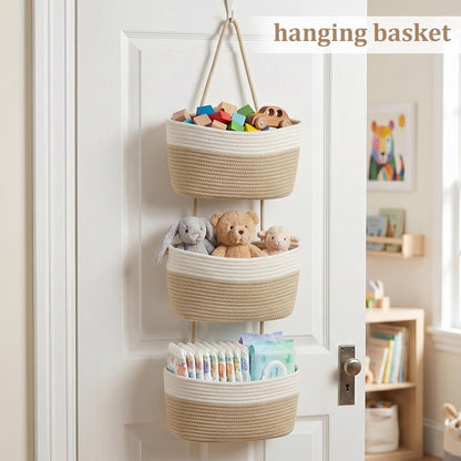 Over the Door Hanging Basket, 3-Tier Woven Cotton Wall-Mounted Storage Organizer Bag Decorative Hanging Nursery Baskets, Jute