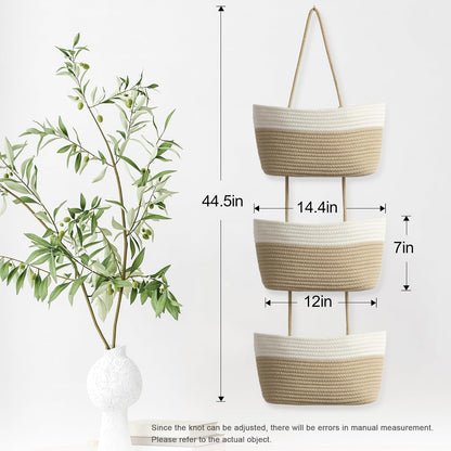 Over the Door Hanging Basket, 3-Tier Woven Cotton Wall-Mounted Storage Organizer Bag Decorative Hanging Nursery Baskets, Jute