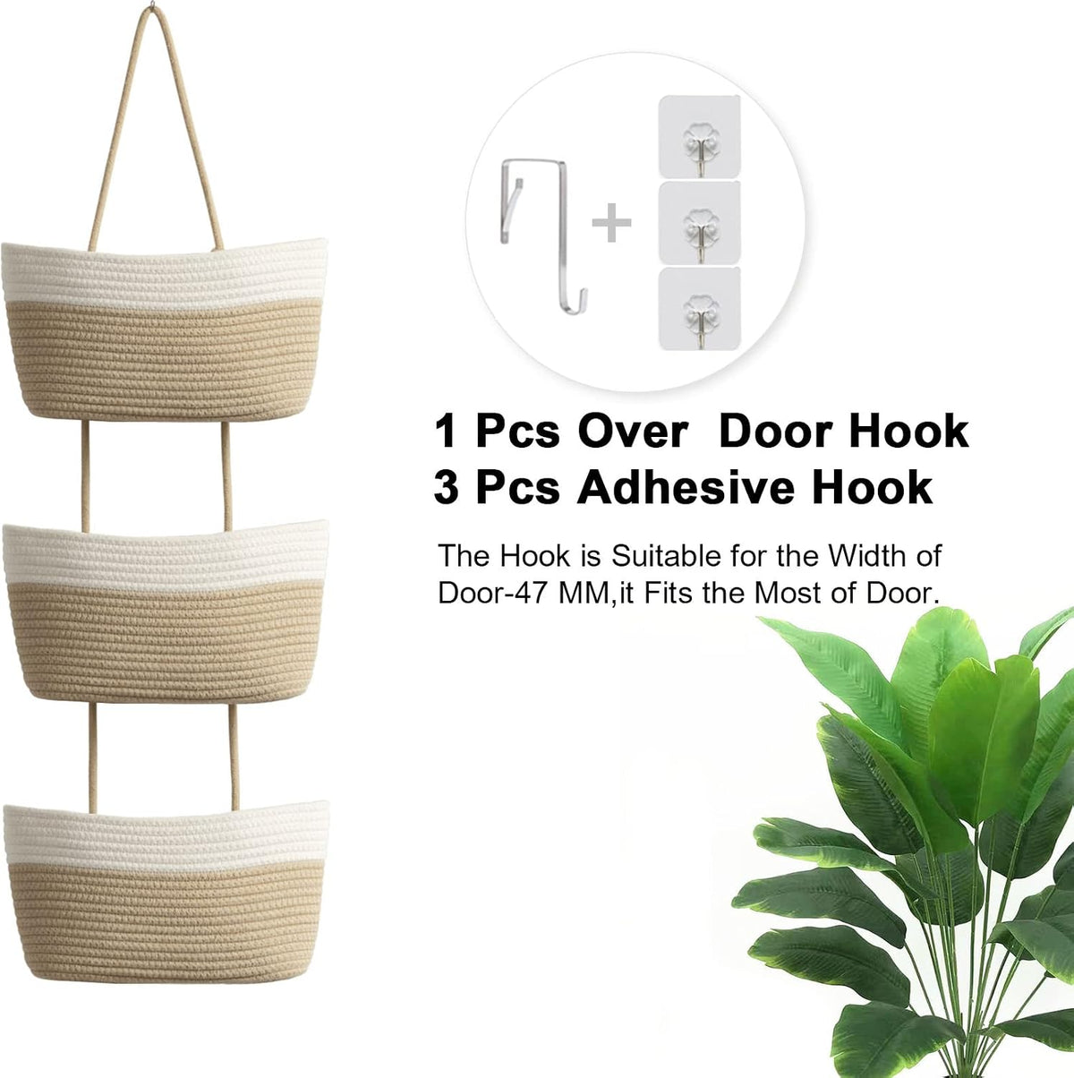 Over the Door Hanging Basket, 3-Tier Woven Cotton Wall-Mounted Storage Organizer Bag Decorative Hanging Nursery Baskets, Jute