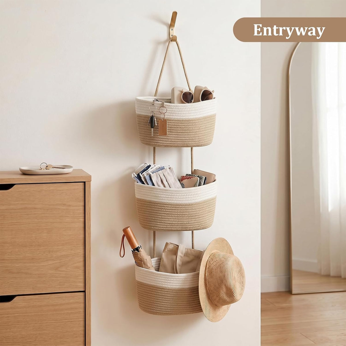 Over the Door Hanging Basket, 3-Tier Woven Cotton Wall-Mounted Storage Organizer Bag Decorative Hanging Nursery Baskets, Jute
