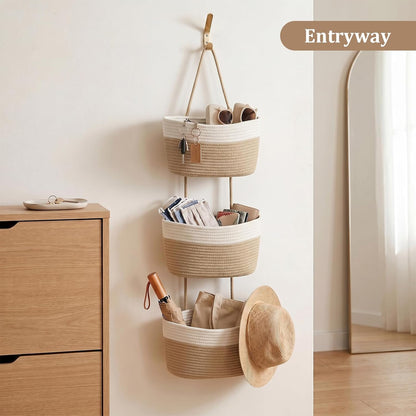 Over the Door Hanging Basket, 3-Tier Woven Cotton Wall-Mounted Storage Organizer Bag Decorative Hanging Nursery Baskets, Jute