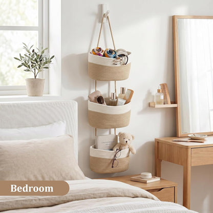 Over the Door Hanging Basket, 3-Tier Woven Cotton Wall-Mounted Storage Organizer Bag Decorative Hanging Nursery Baskets, Jute