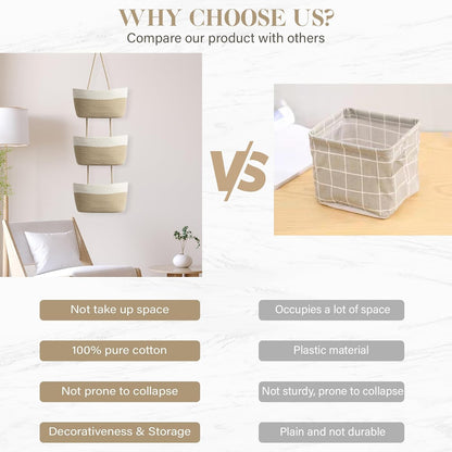 Over the Door Hanging Basket, 3-Tier Woven Cotton Wall-Mounted Storage Organizer Bag Decorative Hanging Nursery Baskets, Jute