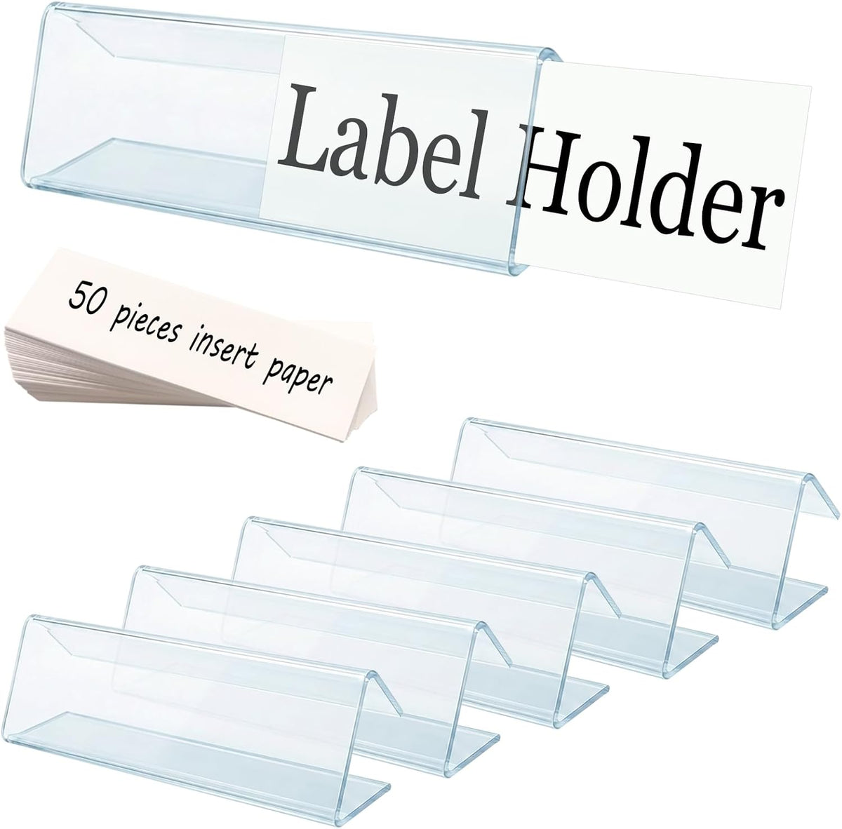 Shelf Label Holder, 50 Pack Wood Shelf Label Holders Plastic Shelf Label Clip Clear Shelf Sign with 50 Pack Label Inserts for Home Office Library Shelves