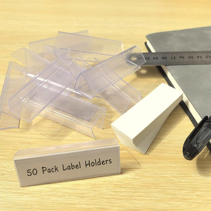 Shelf Label Holder, 50 Pack Wood Shelf Label Holders Plastic Shelf Label Clip Clear Shelf Sign with 50 Pack Label Inserts for Home Office Library Shelves