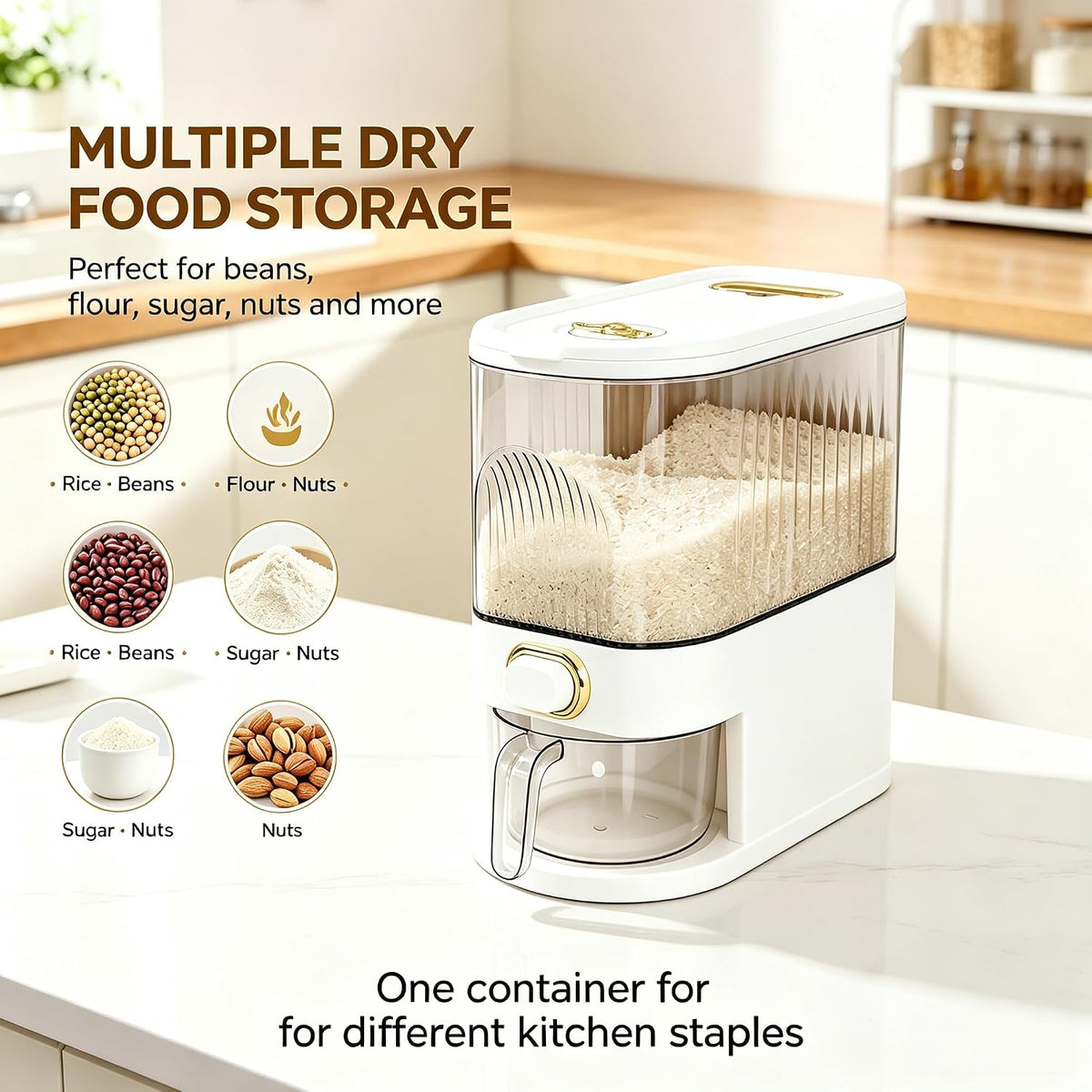 22 Lbs Rice Dispenser, Brown | Large Grain Container Storage, With Lid, Measuring Cylinder, Moisture Proof, For Kitchen Soybean Corn