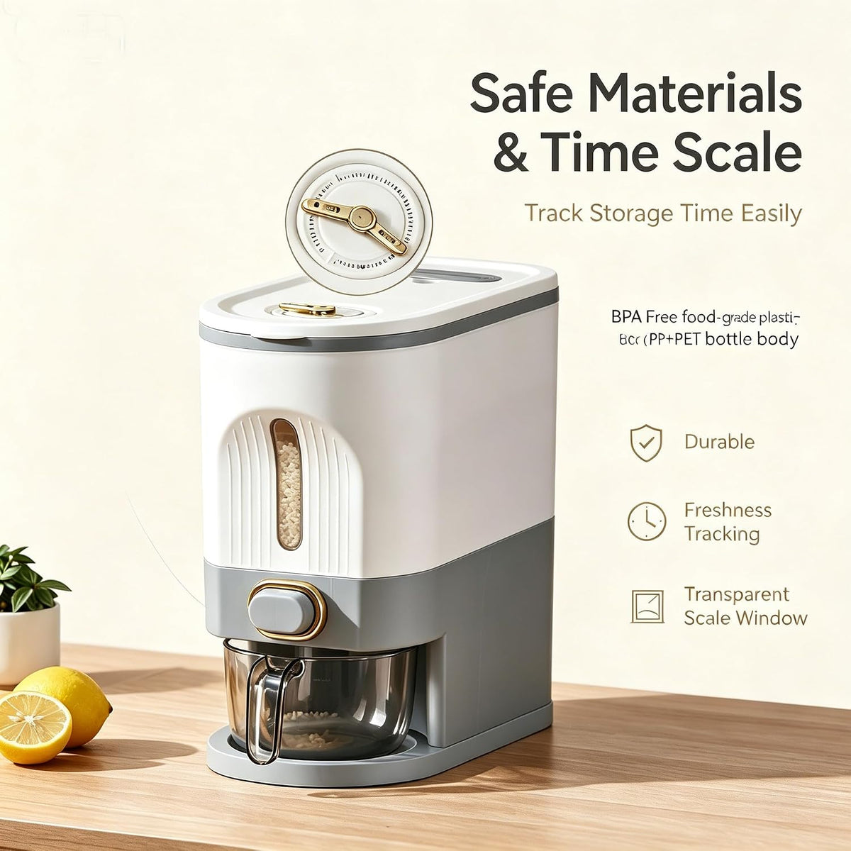 22 Lbs Rice Dispenser, Brown | Large Grain Container Storage, With Lid, Measuring Cylinder, Moisture Proof, For Kitchen Soybean Corn