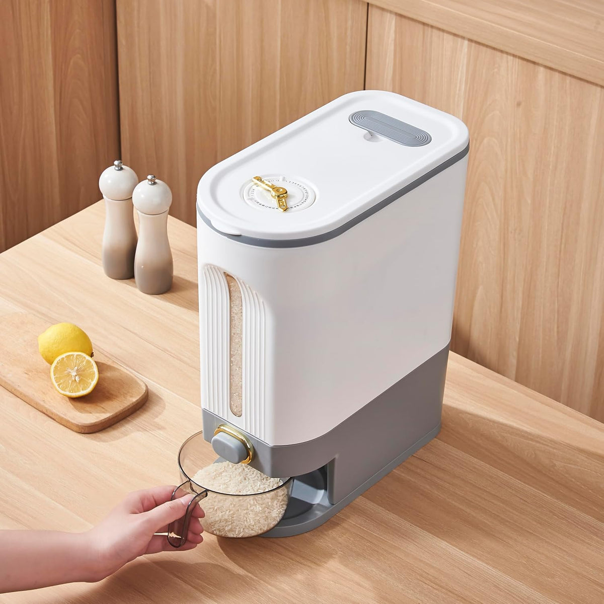 22 Lbs Rice Dispenser, Brown | Large Grain Container Storage, With Lid, Measuring Cylinder, Moisture Proof, For Kitchen Soybean Corn