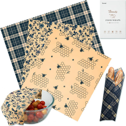 2L & 1XL Reusable Beeswax Wraps for Food, Reusable Beeswax Food Wraps for Bread, Cheese, Fruits, Zero Waste, Plastic-Free Storage, Natural Cotton with Plaid, Floral & Bee Patterns