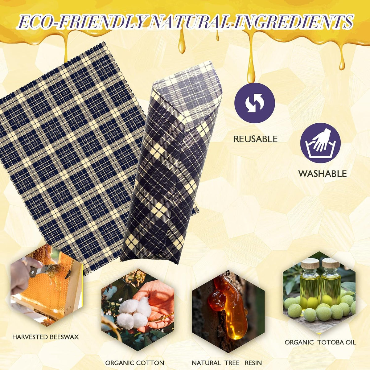 2L & 1XL Reusable Beeswax Wraps for Food, Reusable Beeswax Food Wraps for Bread, Cheese, Fruits, Zero Waste, Plastic-Free Storage, Natural Cotton with Plaid, Floral & Bee Patterns