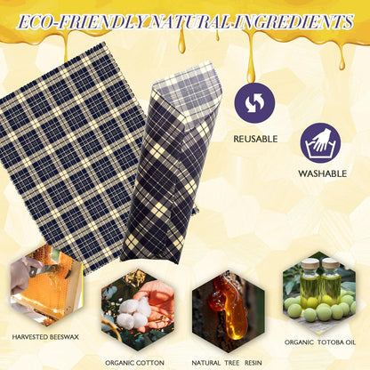 2L & 1XL Reusable Beeswax Wraps for Food, Reusable Beeswax Food Wraps for Bread, Cheese, Fruits, Zero Waste, Plastic-Free Storage, Natural Cotton with Plaid, Floral & Bee Patterns