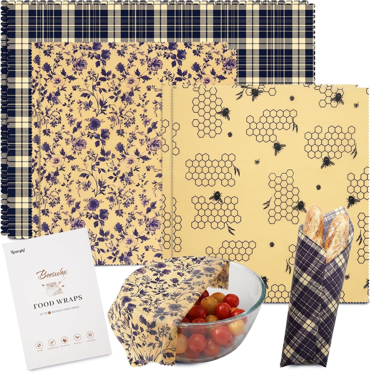 2L & 1XL Reusable Beeswax Wraps for Food, Reusable Beeswax Food Wraps for Bread, Cheese, Fruits, Zero Waste, Plastic-Free Storage, Natural Cotton with Plaid, Floral & Bee Patterns
