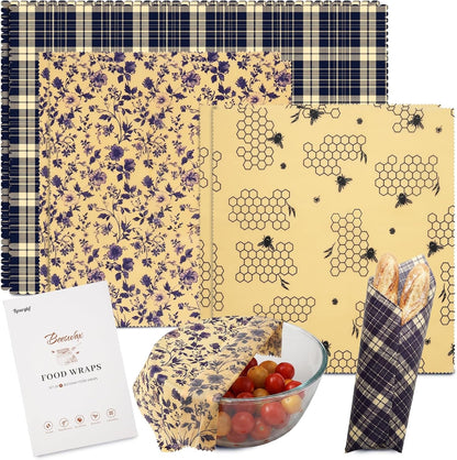 2L & 1XL Reusable Beeswax Wraps for Food, Reusable Beeswax Food Wraps for Bread, Cheese, Fruits, Zero Waste, Plastic-Free Storage, Natural Cotton with Plaid, Floral & Bee Patterns