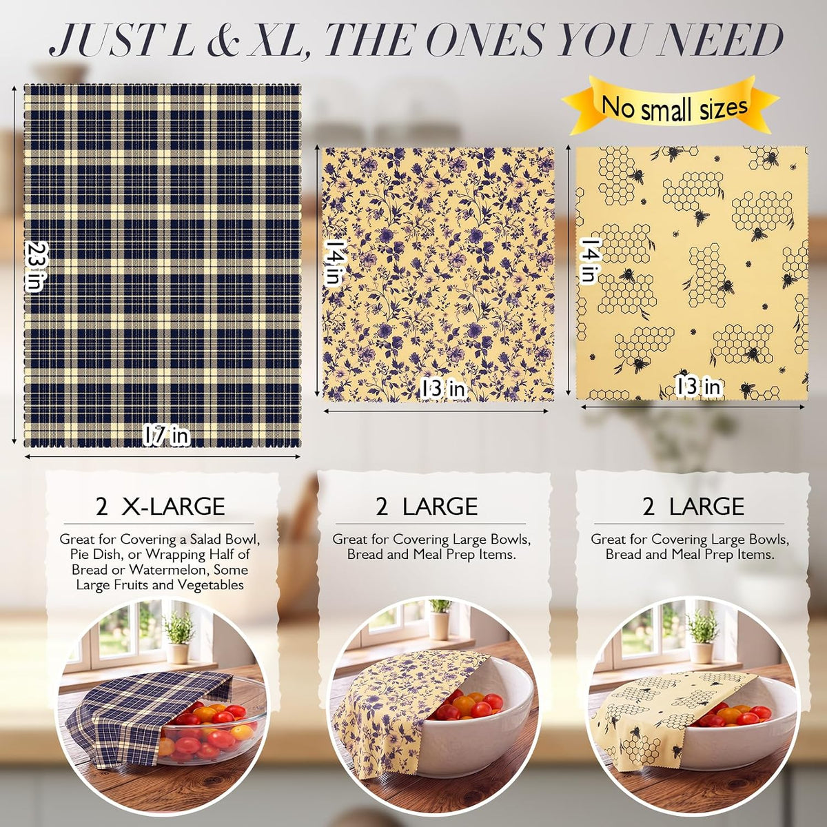 2L & 1XL Reusable Beeswax Wraps for Food, Reusable Beeswax Food Wraps for Bread, Cheese, Fruits, Zero Waste, Plastic-Free Storage, Natural Cotton with Plaid, Floral & Bee Patterns