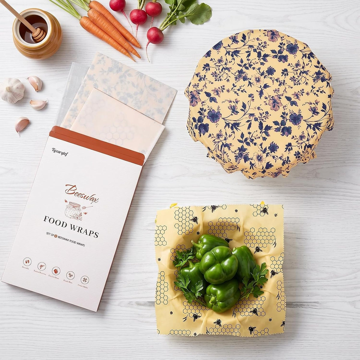 2L & 1XL Reusable Beeswax Wraps for Food, Reusable Beeswax Food Wraps for Bread, Cheese, Fruits, Zero Waste, Plastic-Free Storage, Natural Cotton with Plaid, Floral & Bee Patterns