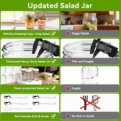 9Pack Salad Jar with Lids Meal Prep，32oz Large Salad Jars with 2 Build in Dressing Cup Meal Prep Containers, Salad Lunch Container for Office Gym On the go